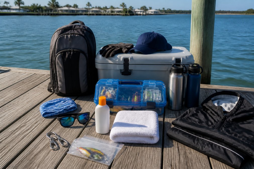 Organized fishing charter packing layout on a dock displaying sunscreen, polarized sunglasses, rain gear, water bottles, tackle box, cooler, and other essentials arranged neatly with the ocean in the background