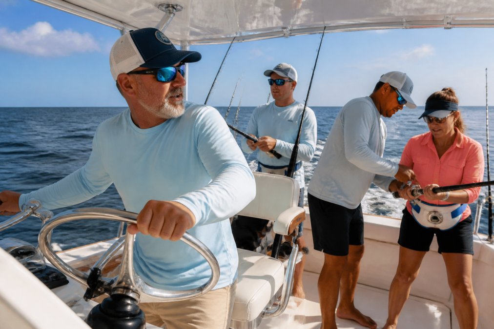 Professional fishing charter captain at the helm with crew members assisting anglers, showing the captain's focused attention and crew interaction with guests on the water