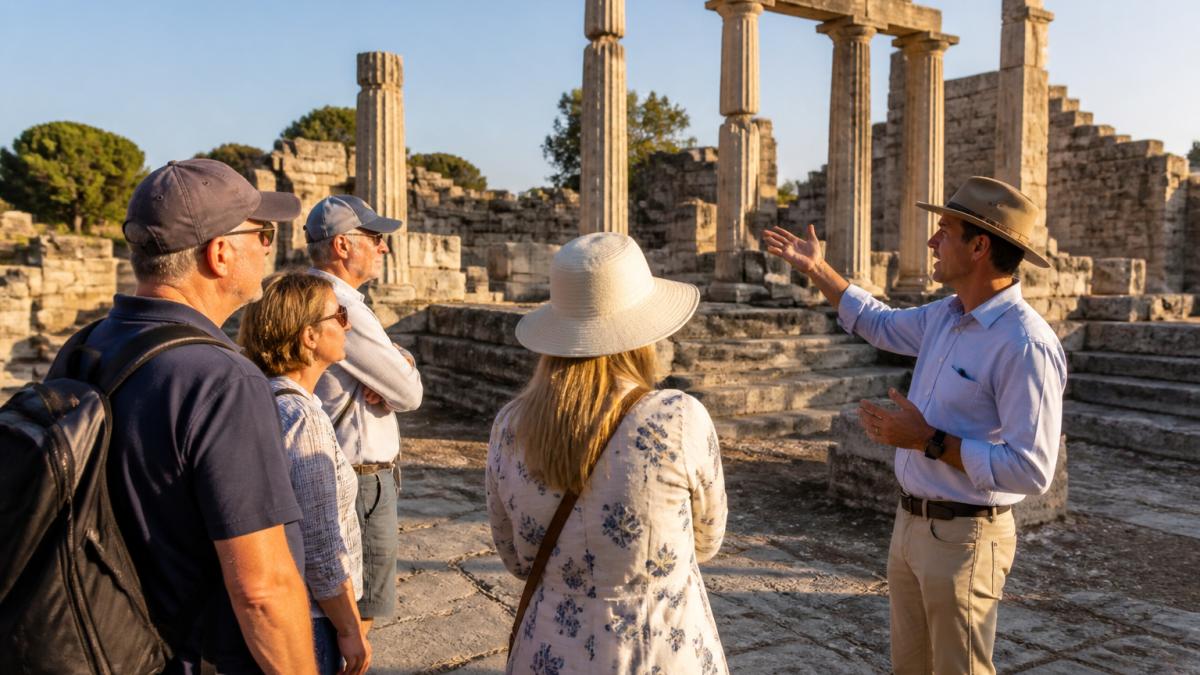 Historian guide points out ancient ruins to a group on one of our archaeology tours during a sunny morning