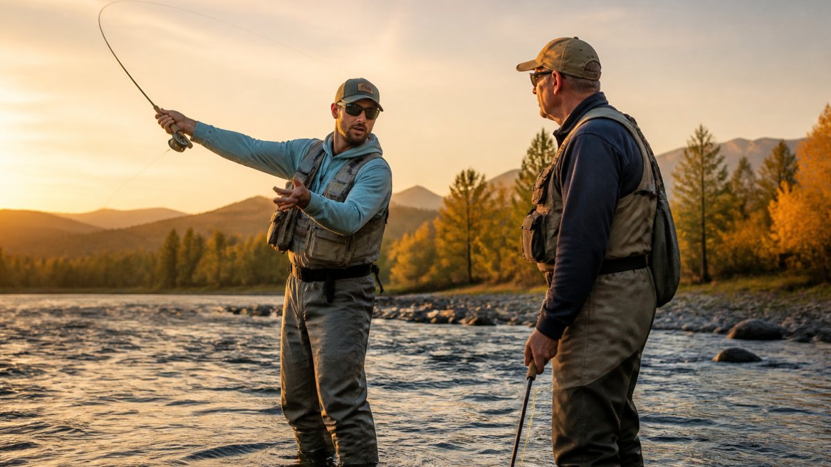 Professional fly fishing guide and angler standing in a river at sunrise, the guide demonstrating proper casting technique to the angler in waders and vest