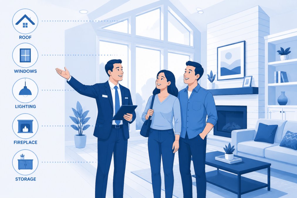 Real estate agent showing a young couple through a bright living room with natural light streaming through large windows, all three smiling as the agent gestures to architectural features