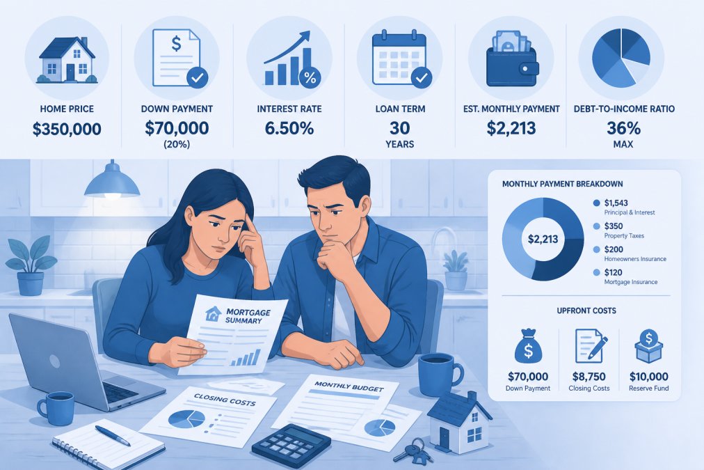 First-time homebuyers sitting at a kitchen table reviewing mortgage documents and financial paperwork, with a laptop and calculator nearby, expressions showing concentration and slight concern under warm overhead lighting
