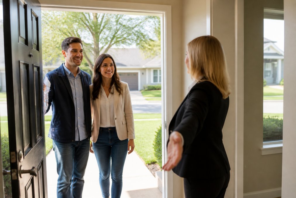 A real estate agent welcoming a couple at the front door of a well-lit home during a daytime showing, with a for-sale sign visible in the yard