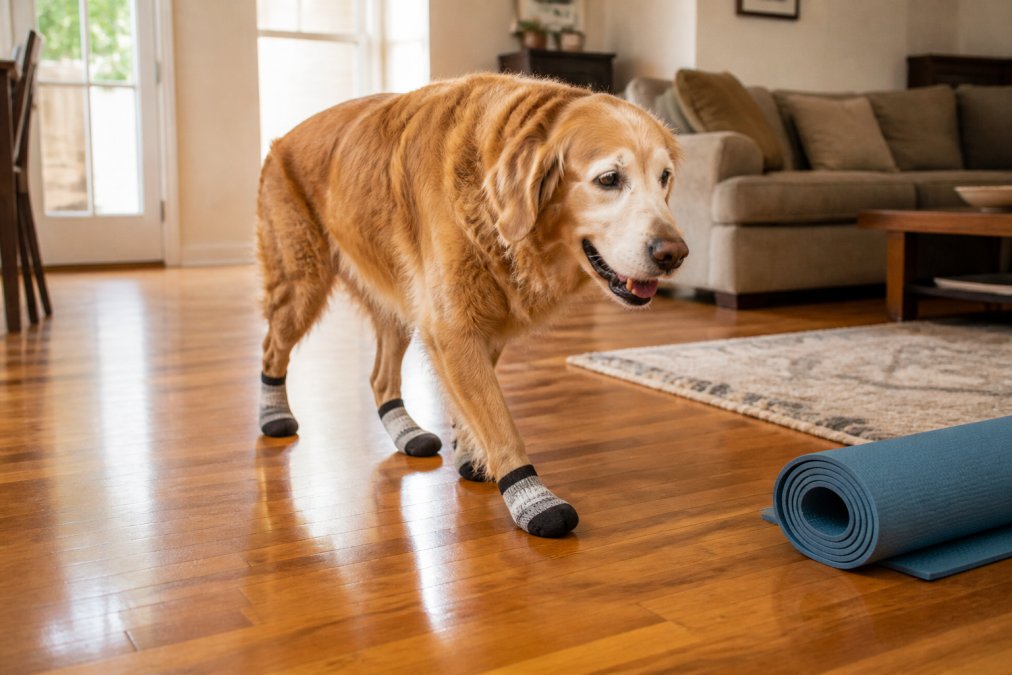 Senior golden retriever wearing non-slip socks to improve senior dog mobility on a bright hardwood floor.
