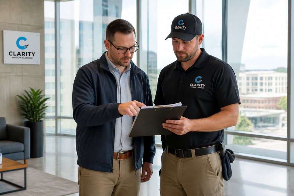 Facilities manager and contractor reviewing a commercial window cleaning bid in a high-rise lobby.