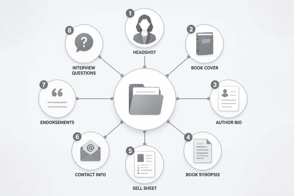 Hub-and-spoke diagram showing the 8 core assets of an author digital press kit: headshot, book cover, author bio, book synopsis, sell sheet, contact info, endorsements, and interview questions, arranged around a central folder icon