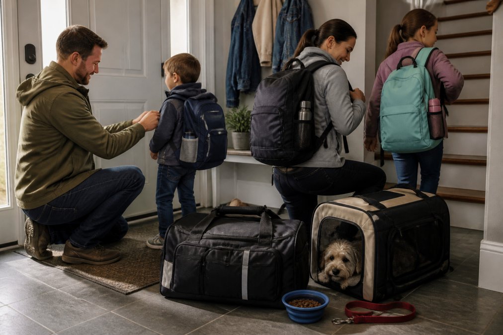 Family preparing to leave with a labeled family go bag, kid's backpack, and a pet carrier in the entryway.