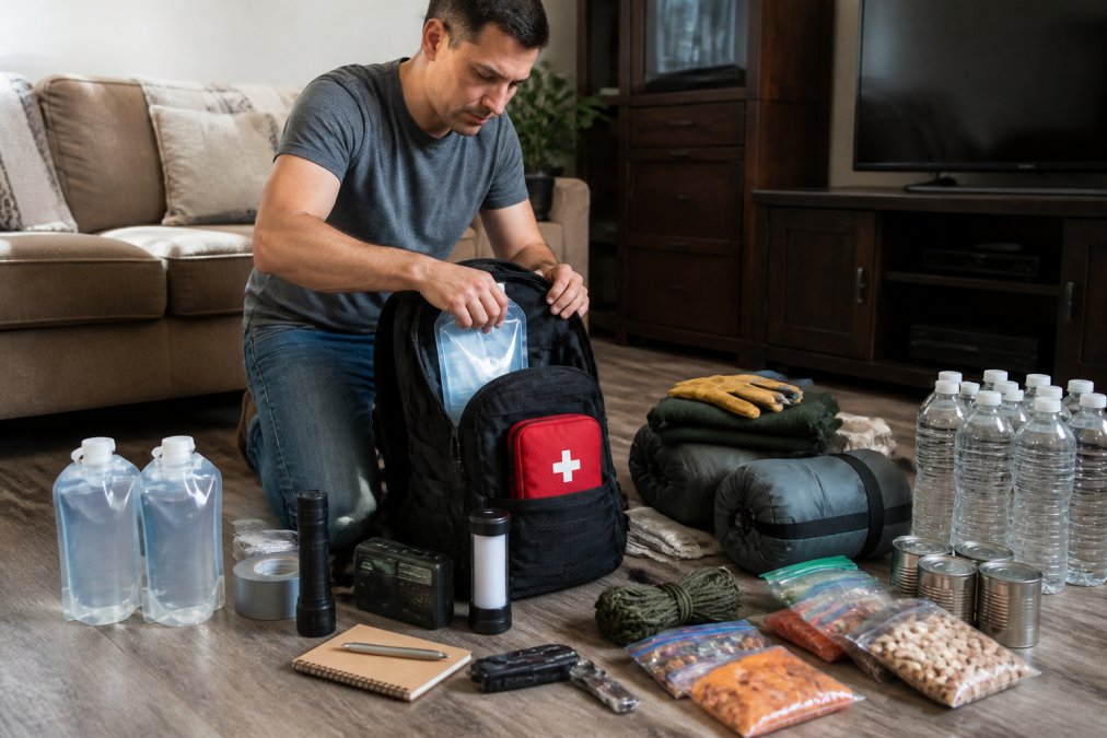 A person kneeling on a living room floor, packing a sturdy backpack with water pouches, a first aid kit, and a flashlight, with other gear arranged neatly around them