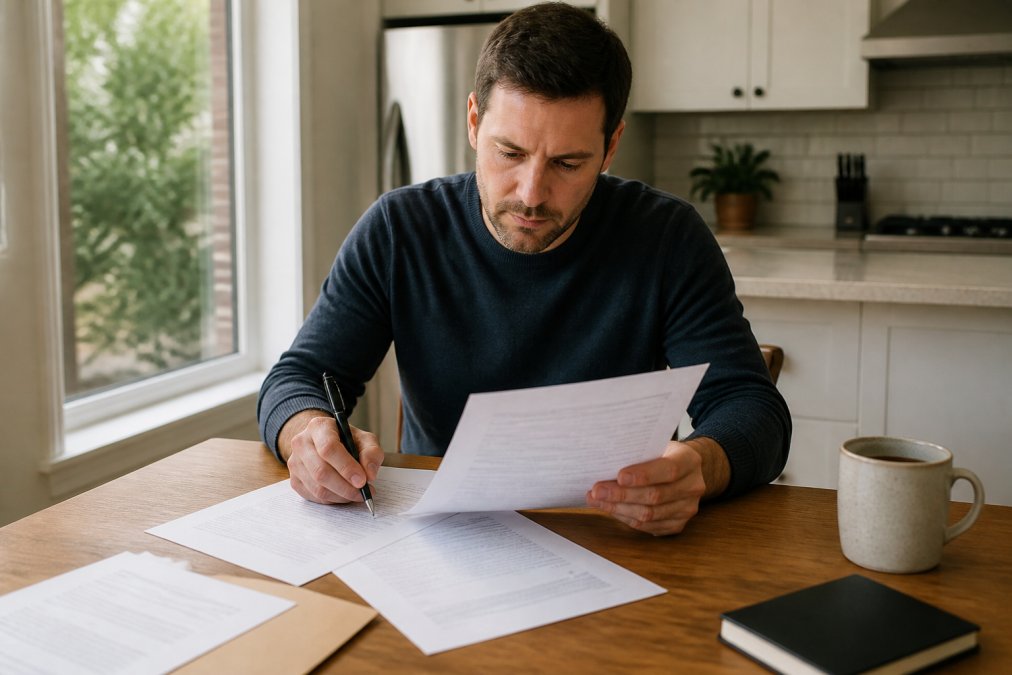 Homeowner reviewing printed service contract at kitchen table with pen in hand, documents spread out, natural lighting from window