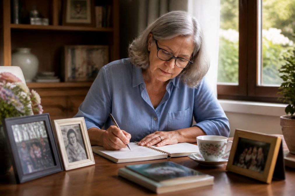 Older adult writing in a notebook to create a non-legal will document at a cozy desk with family photos and tea.