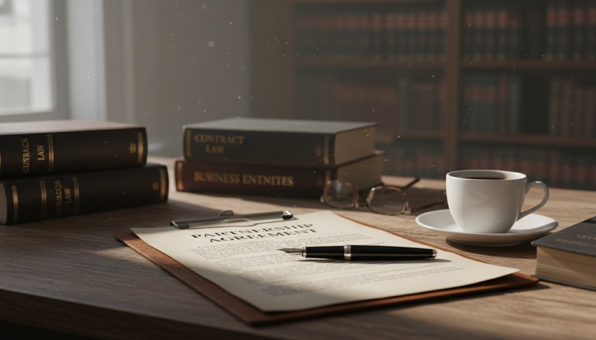 Two business partners sitting across from each other at a wooden desk reviewing printed legal documents, with a pen and coffee cup visible, in a professional office setting