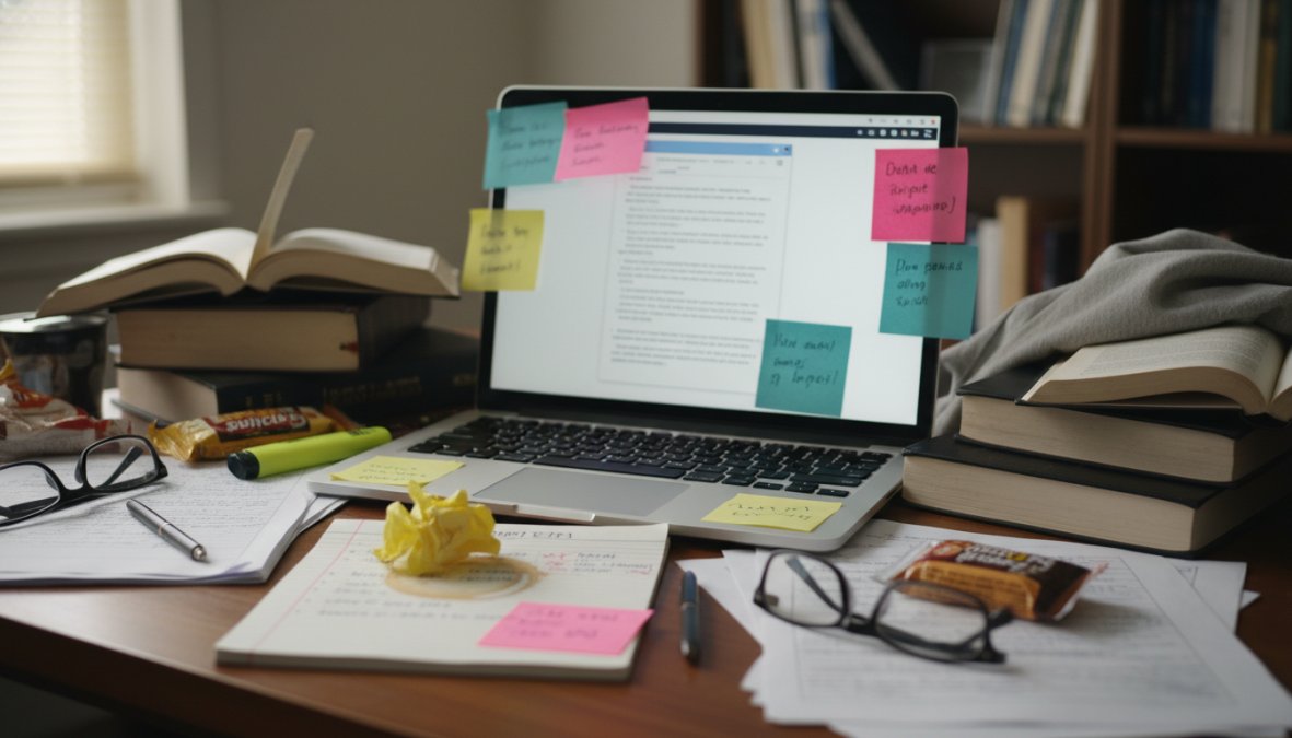 A small business owner looking concerned while reviewing paperwork at a desk, with a laptop open and sticky notes around the monitor, in a warmly lit home office with afternoon sunlight coming through a window