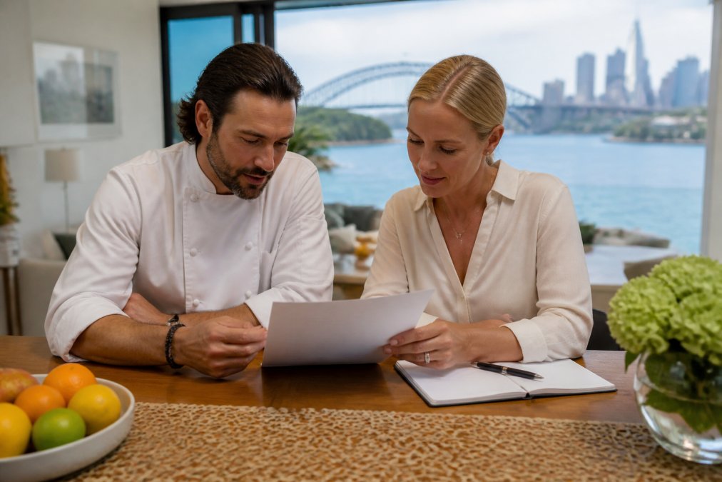 A private chef and a client reviewing a printed service contract together at a dining table in a bright Sydney home, with a notebook and pen nearby