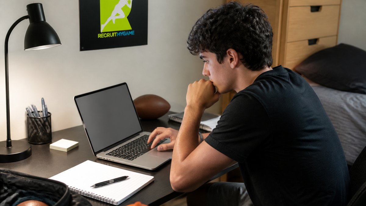 Student-athlete sitting at a desk with a laptop, reviewing a recruiting email draft on screen, with athletic gear and a notebook visible nearby
