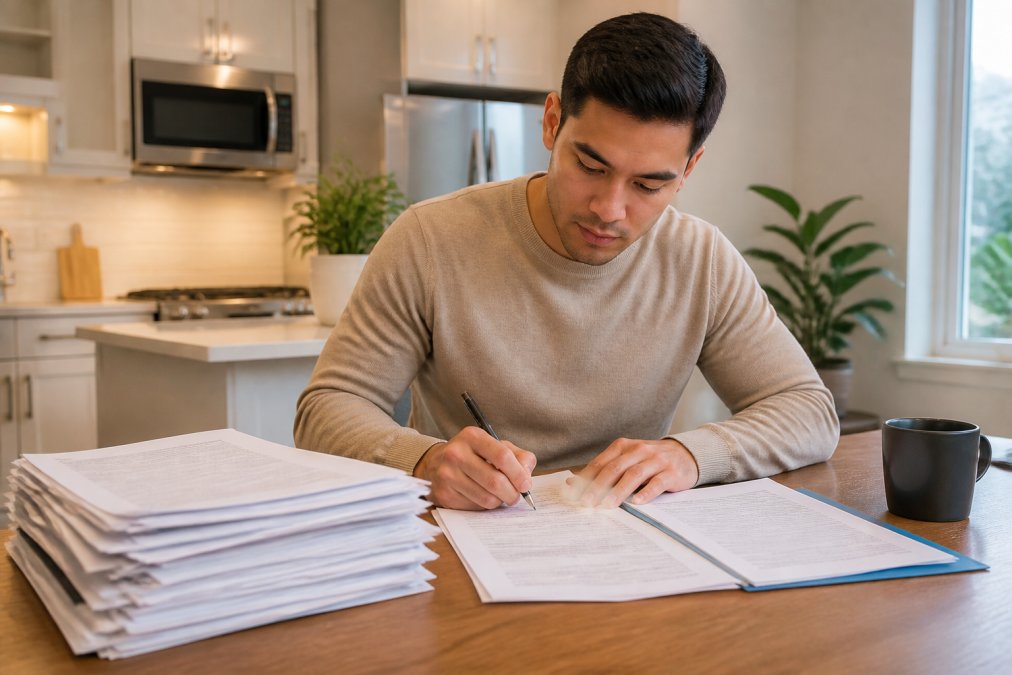What to Include in a Rental Application in 2026 2 A young professional sitting at a kitchen table with a laptop, a neat stack of paperwork, a pen, and a cup of coffee, filling out a rental application form in a bright apartment