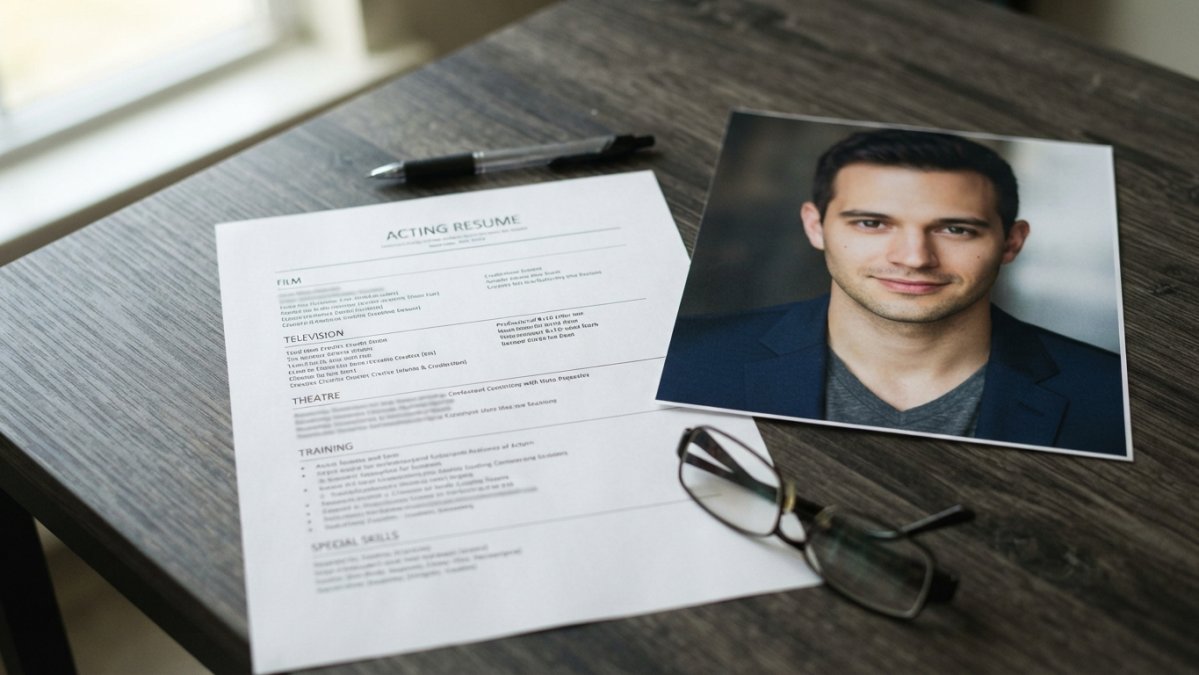 A close-up of a printed acting resume on a dark table next to a professional headshot, with a pen and reading glasses nearby, suggesting careful review before an audition