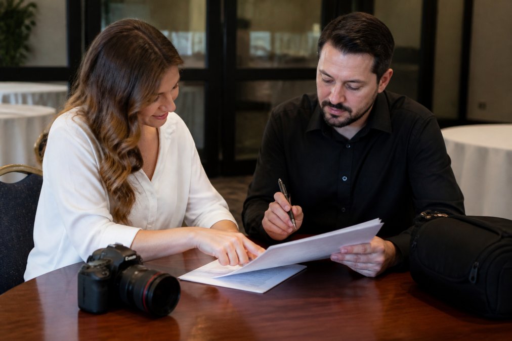 Professional photographer reviewing printed contract documents with client at event venue table, both reviewing terms and discussing deliverables in modern office setting