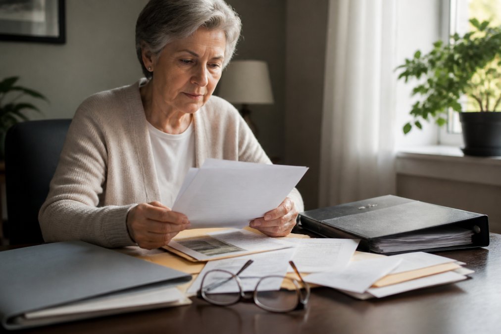 Older adult organizing important documents at a desk with a folder, reading glasses, and documents spread out, warm natural lighting from a window