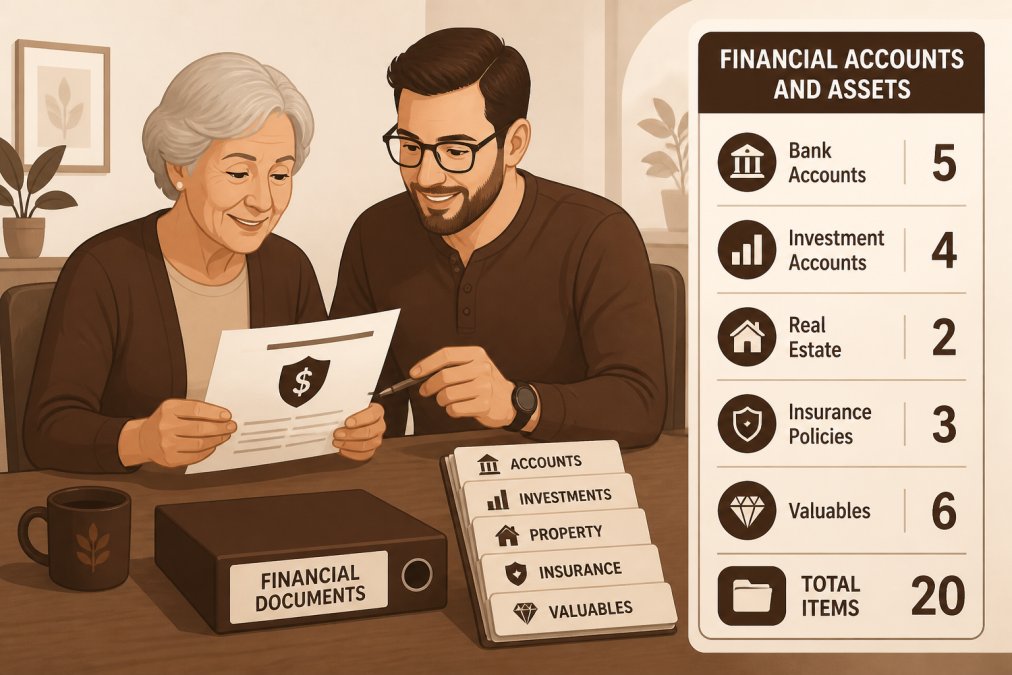 Adult child and parent reviewing organized documents together at a table, showing trust and communication about legacy planning