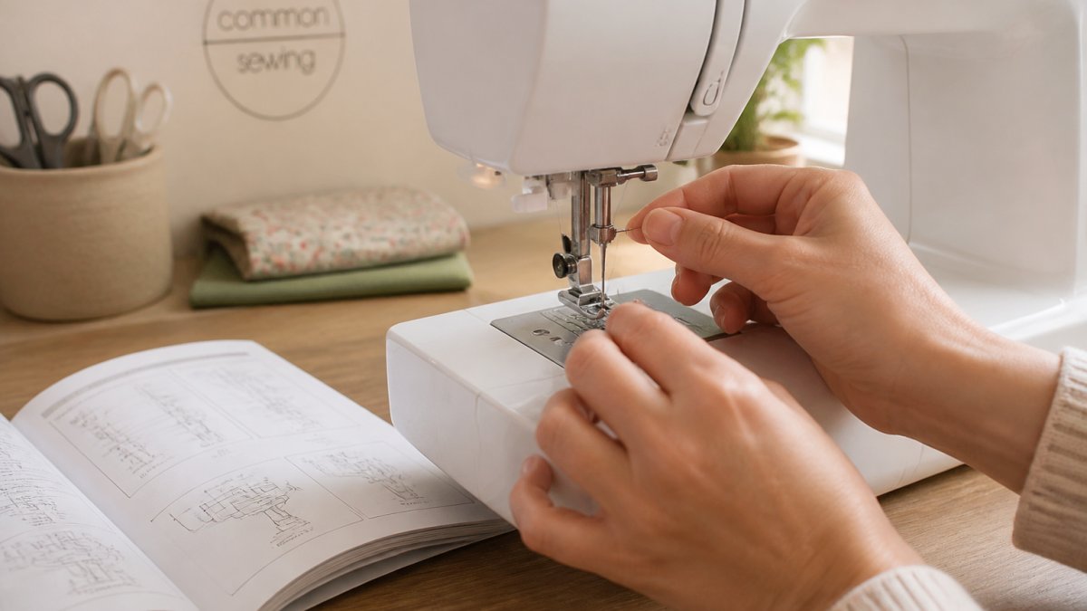 Step-by-step diagram showing how to thread a needle for those who learn first sewing on a machine.