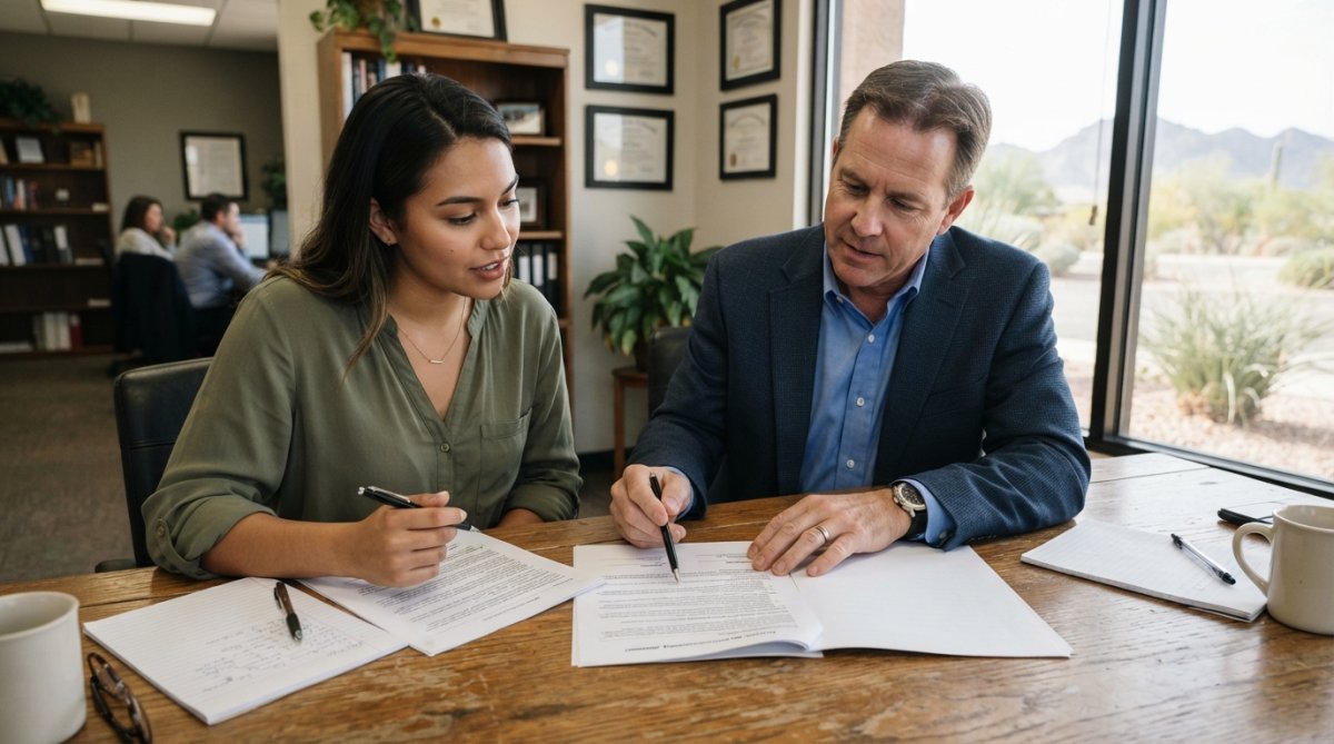 First-time homebuyer sitting at a table reviewing a contract with a real estate agent, both looking at documents with a pen and notepad visible, natural office lighting