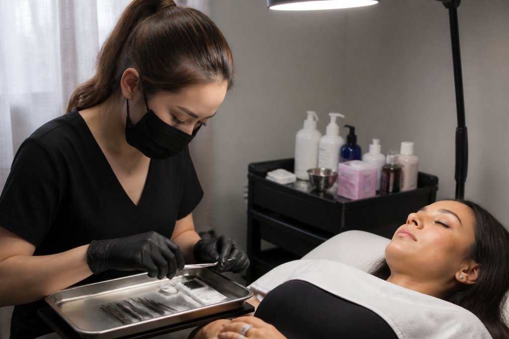 Certified lash technician wearing gloves preparing sanitized tools on a stainless steel tray in a clean studio.