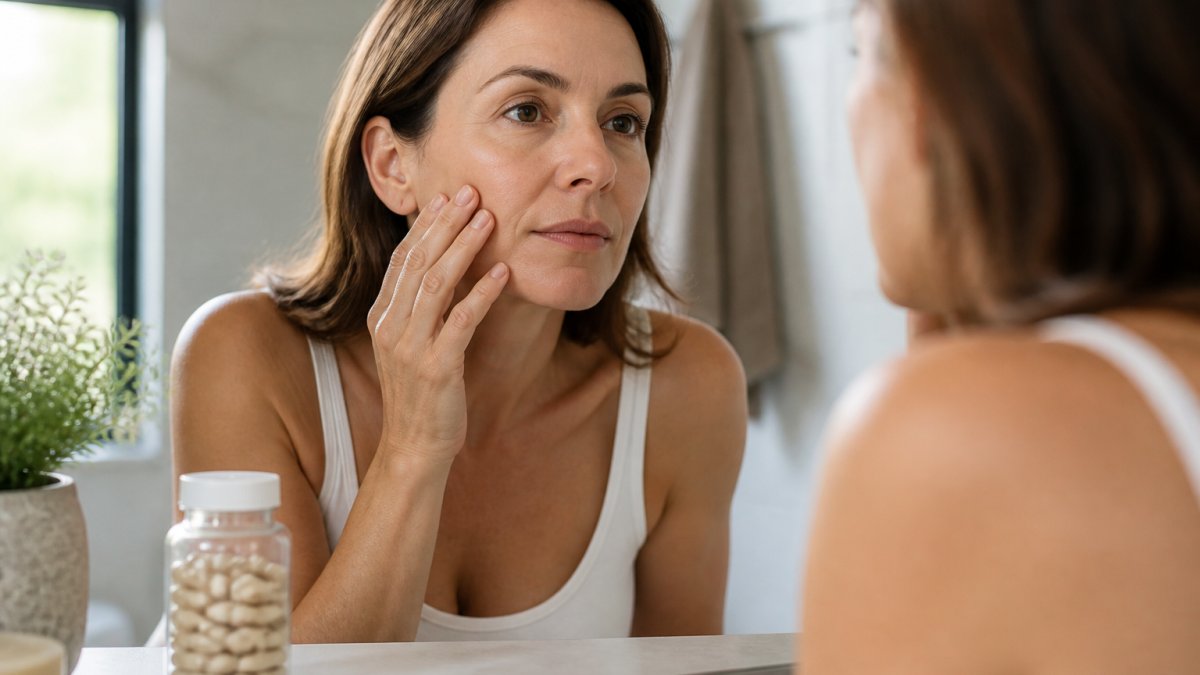 A woman in her 40s examining her facial skin in a bathroom mirror with soft natural light, a bottle of collagen supplement capsules visible on the counter beside her