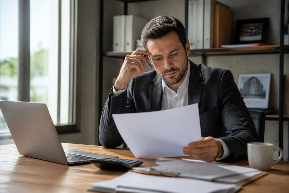 Real estate investor reviewing a commercial term sheet at a desk with documents, calculator, and laptop in a professional office setting with natural lighting