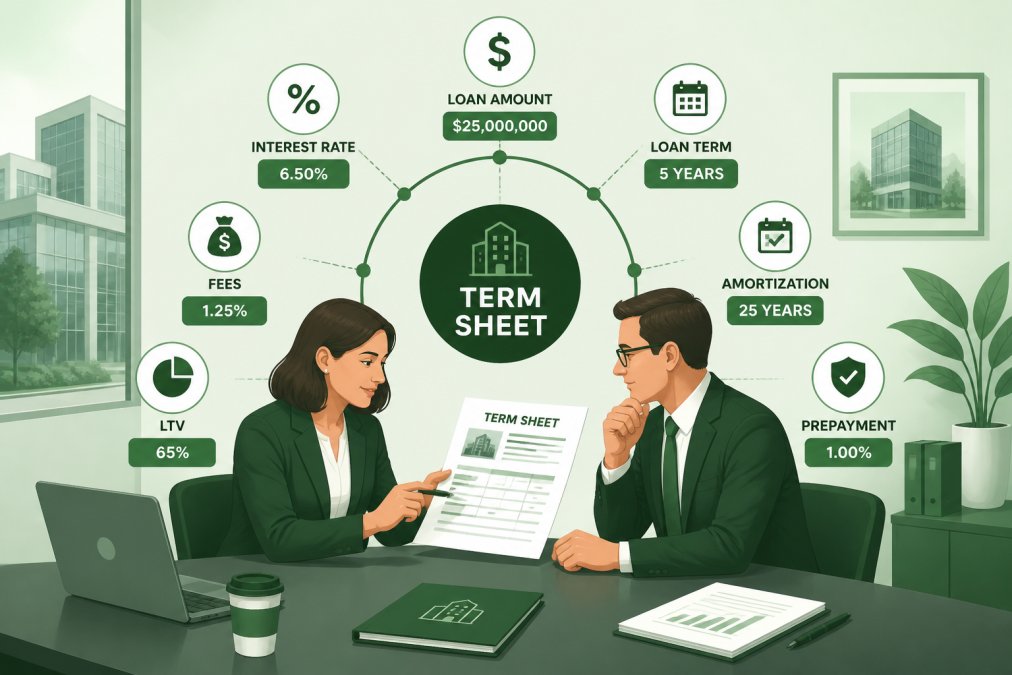 Two business professionals in discussion at a conference table reviewing a commercial real estate term sheet and documents during a lending negotiation