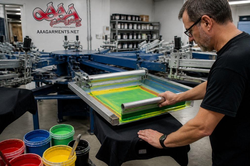Professional screen printer monitoring ink application onto garment fabric with precision registration and vibrant color accuracy visible in modern production facility