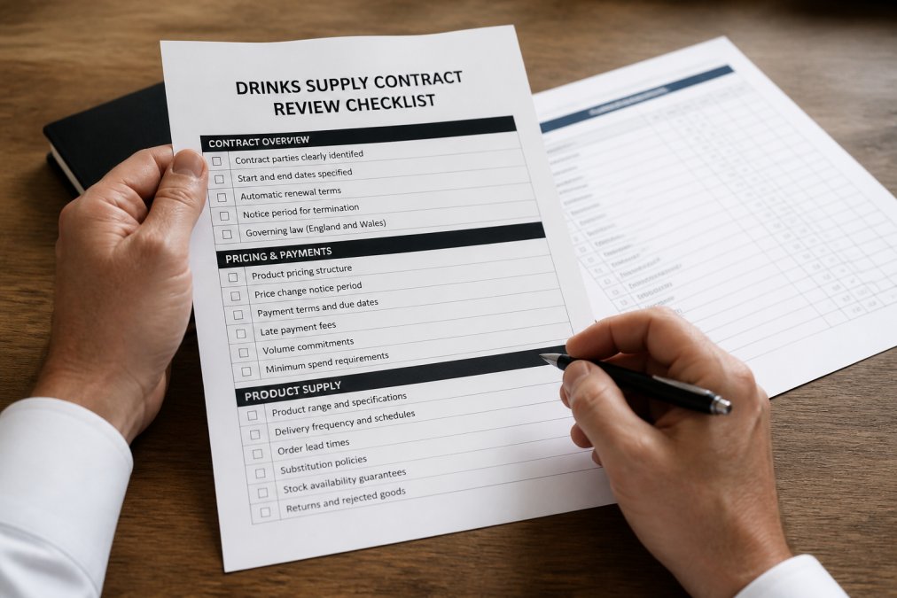 Close-up of hands holding a printed drinks supply contract checklist with a pen, with a drinks order form visible in the background on a wooden desk