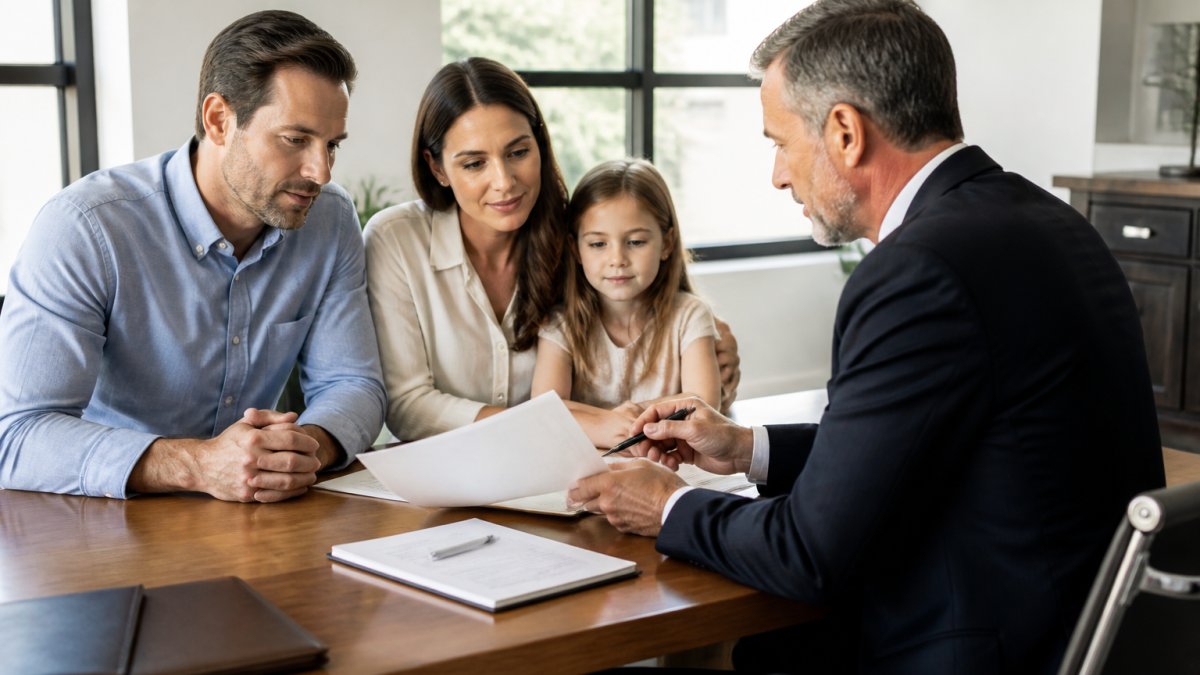 A family of three sitting across a wooden desk from a financial advisor in a bright office, reviewing printed documents together with a notepad and pen visible, soft daylight from a window