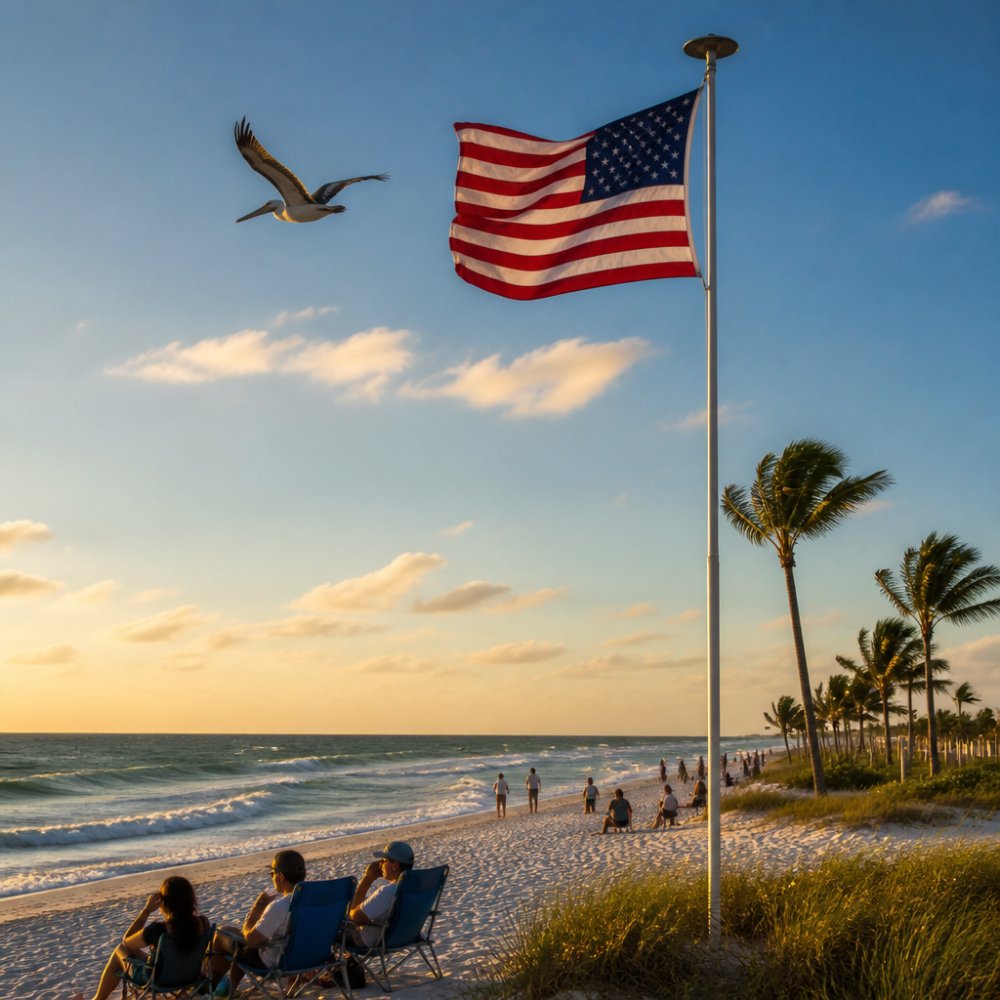 Telescoping flagpole standing firm against strong gusts on a beach at golden hour with an American flag flying high.