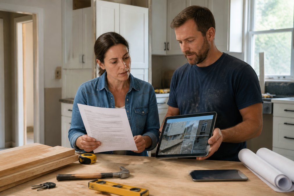 Homeowner and contractor reviewing a warranty document and deficiency photos to understand what to look for in a general