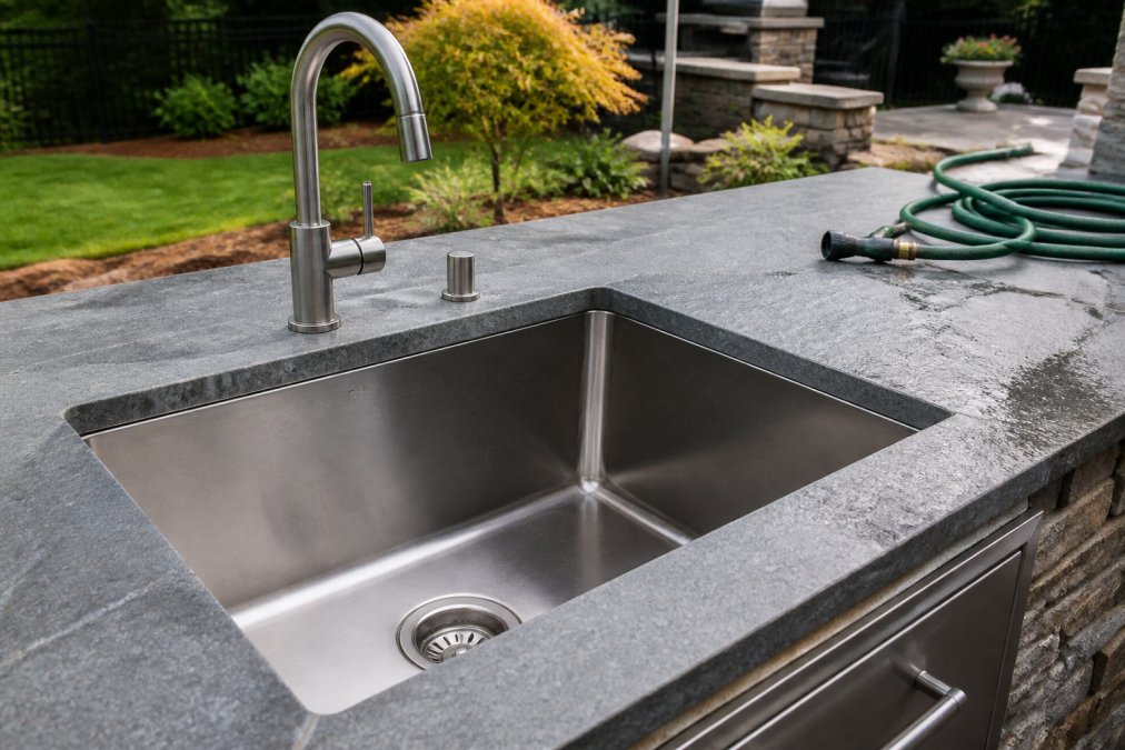 Close-up of a brushed stainless steel outdoor kitchen sink set into a stone countertop, with a garden hose and green backyard visible in the background