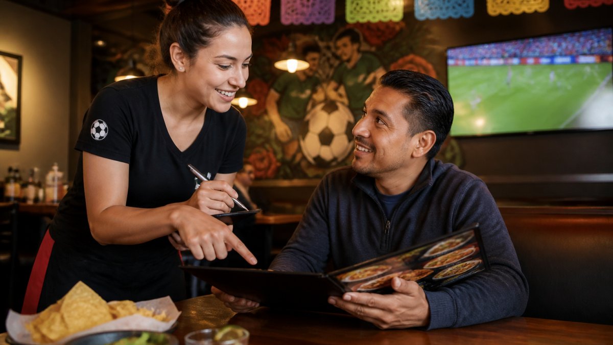 Server explaining a local diner menu to a customer in a warm, cozy setting
