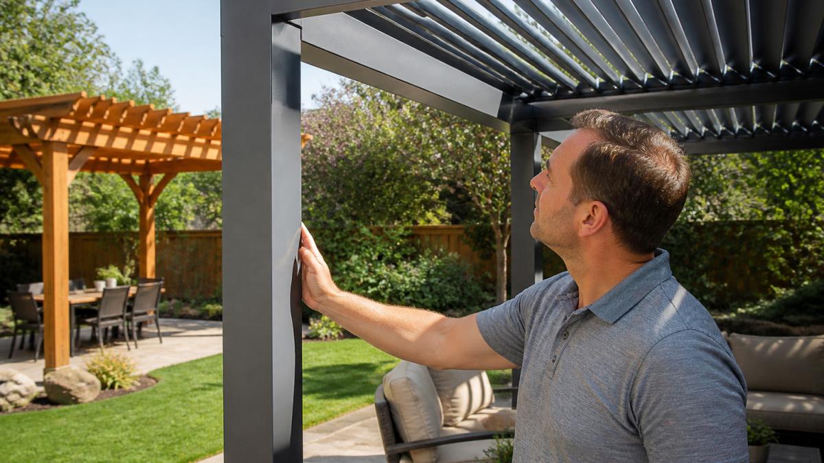 A homeowner running a hand along the smooth powder-coated aluminum frame of a dark gray louvered pergola on a sunny backyard patio, with a cedar wood pergola visible in the background garden