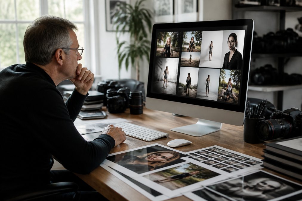 Photographer reviewing professional portfolio images on desktop monitor in bright studio space, with printed portfolio samples and contact sheets visible on desk