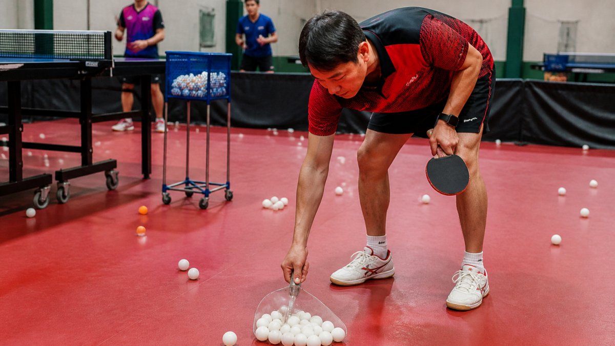 Coach using a handheld scoop-style ball collector to gather scattered table tennis balls from the court surface during a multi-ball training session, with players in the background