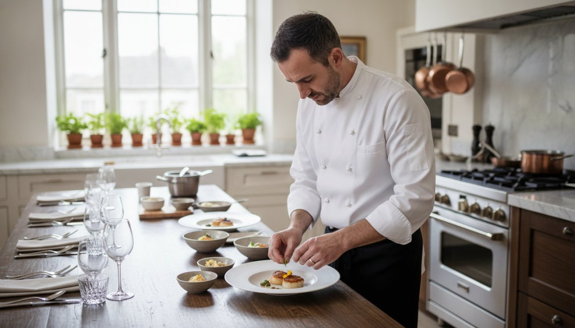 A professional private chef in a pristine white chef's jacket carefully plating a beautifully presented multi-course dish in a modern home kitchen, with elegant tableware and fresh herbs visible in the background under warm overhead lighting