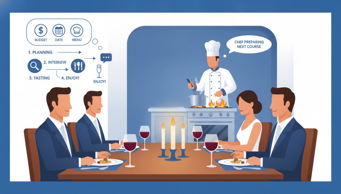 An intimate dinner party setting with six guests seated around a candlelit dining table, elegant plating on white ceramic plates, wine glasses filled with red wine, and a chef in a white jacket visible in the background at an open-plan kitchen counter preparing the next course