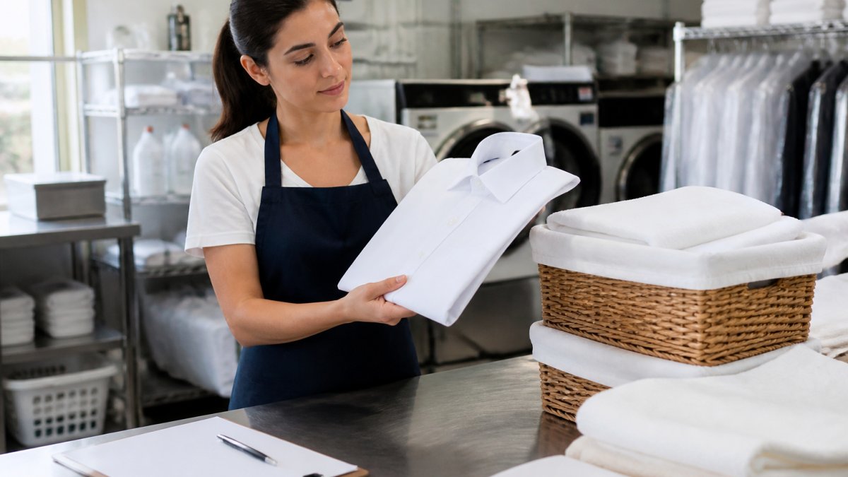 A neatly organized laundry room with a person in an apron inspecting a freshly folded white shirt, clean wicker baskets stacked nearby, and a clipboard with a checklist resting on a stainless steel counter under bright overhead lighting