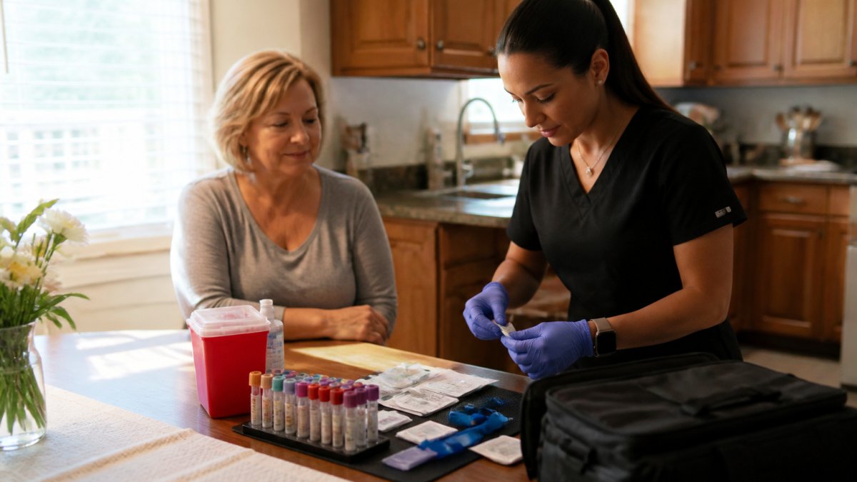 A licensed mobile phlebotomist in gloves setting up collection supplies on a clean mat at a patient's kitchen table, with the patient seated calmly nearby in soft morning light