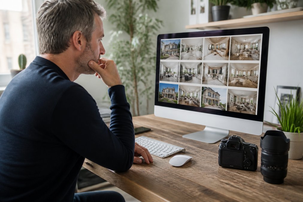 A property photographer reviewing a gallery of interior and exterior property images on a large desktop monitor in a bright home office, with a camera and lens on the desk beside them