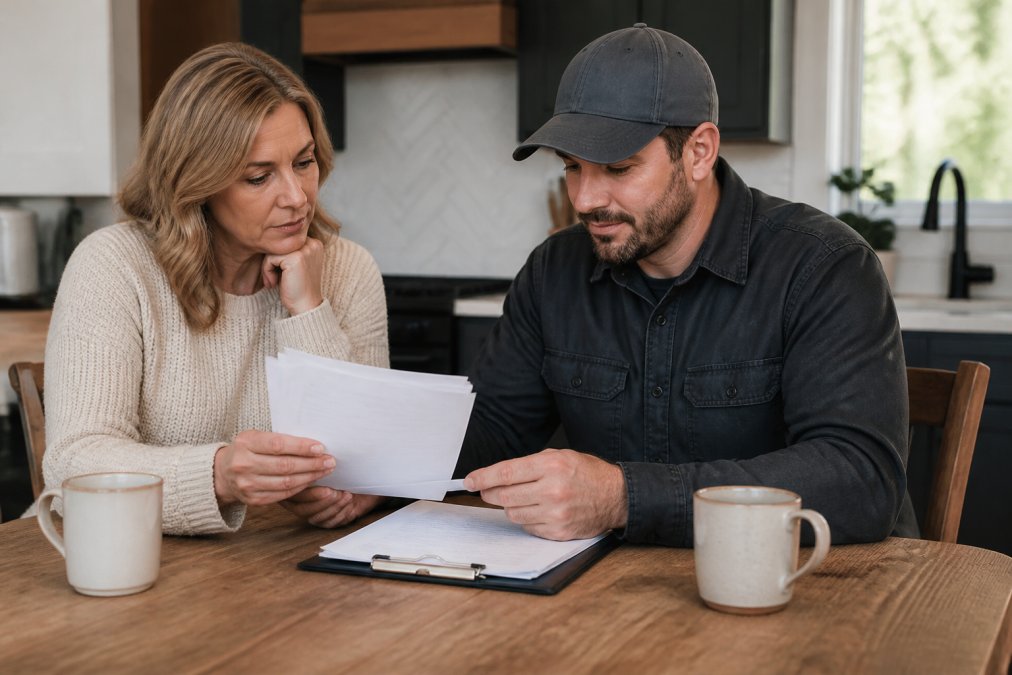 A homeowner and a roofing contractor reviewing insurance documents and certificates at a kitchen table, with a clipboard and coffee mugs nearby