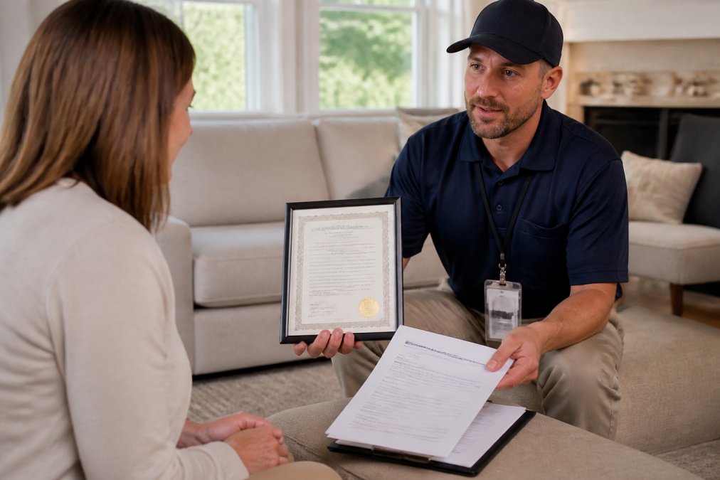 A professional upholstery cleaning technician in uniform showing a certification badge and insurance documents to a homeowner in a bright living room
