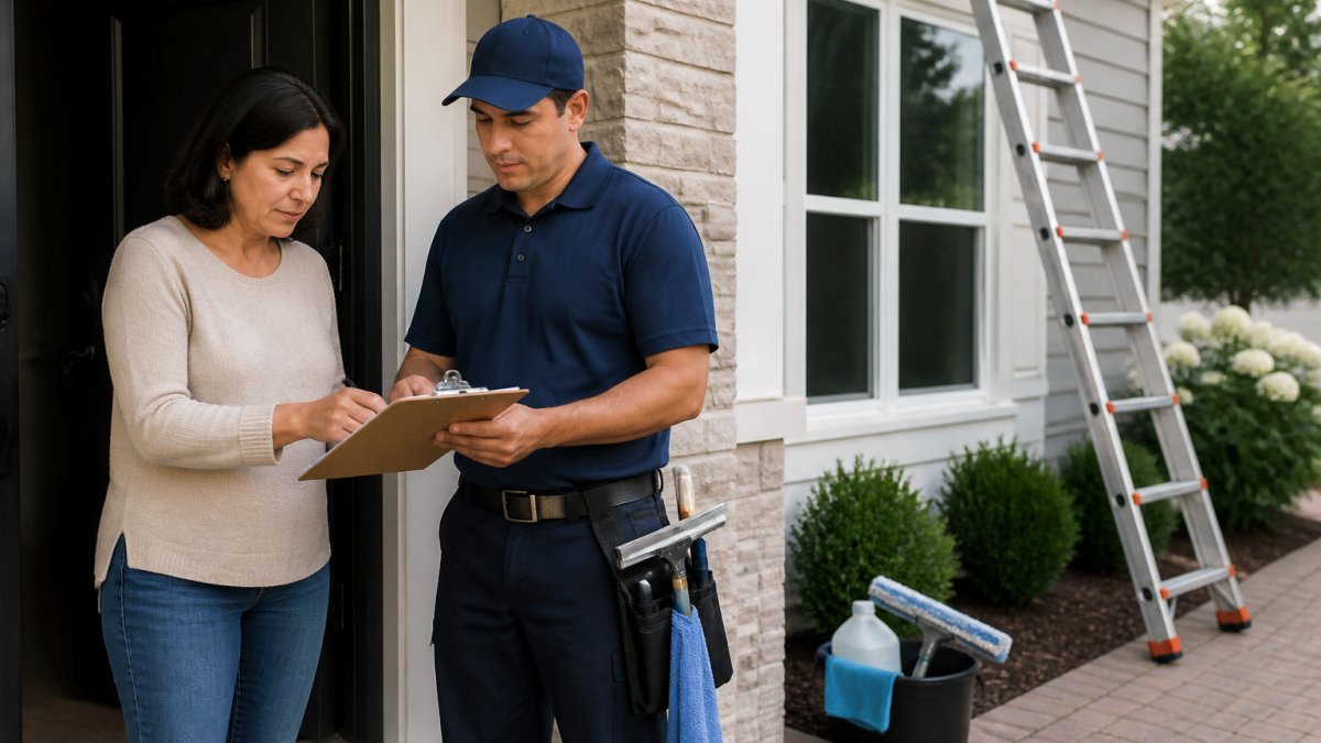 A homeowner and a window cleaning technician in uniform reviewing a printed certificate of insurance on a clipboard at the front door of a house, with a ladder and cleaning equipment visible in the background