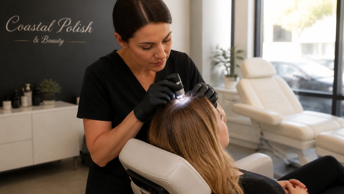 Scalp health specialist using a dermatoscope to examine a patient’s scalp in a professional medical office.