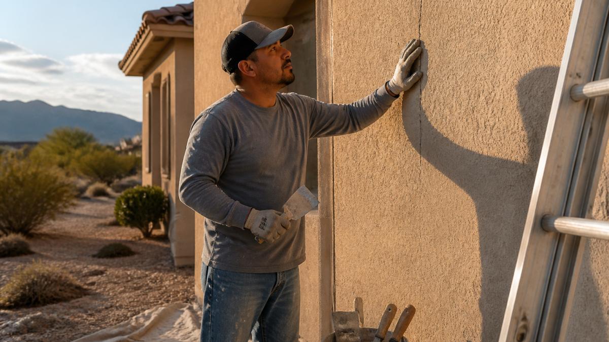 A stucco contractor in work clothes inspecting a hairline crack on the exterior wall of a Southwestern-style home, with stucco tools and a ladder visible nearby in bright desert sunlight