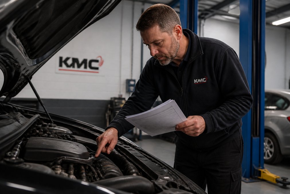 Professional mechanic holding a used car inspection report while examining a vehicle's engine bay, pointing to specific components being assessed in natural workshop lighting